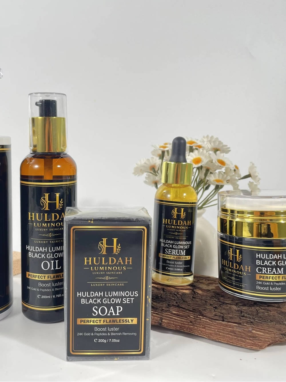 Huldah Luminous Black Glow Set — Gold & Black Skincare Collection